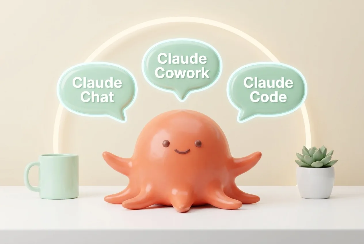 一个卡通机器人站在中间，身边浮着三块牌子，分别写着 Chat、Cowork、Code